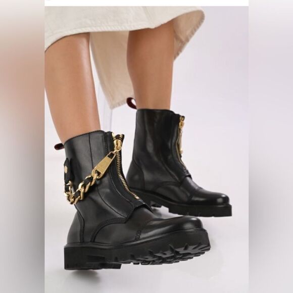 Zadig & Voltaire Joe Cecilia leather combat moto boots with gold chain NWT 39/8 - Picture 1 of 16